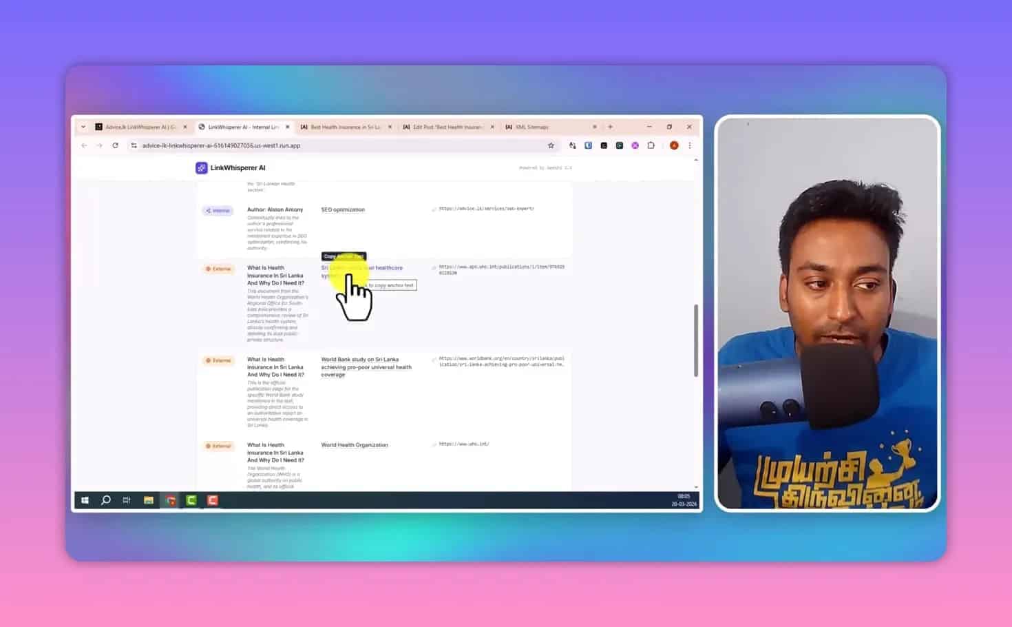 AI internal linking tool showing authority link suggestions including WHO and World Bank sources