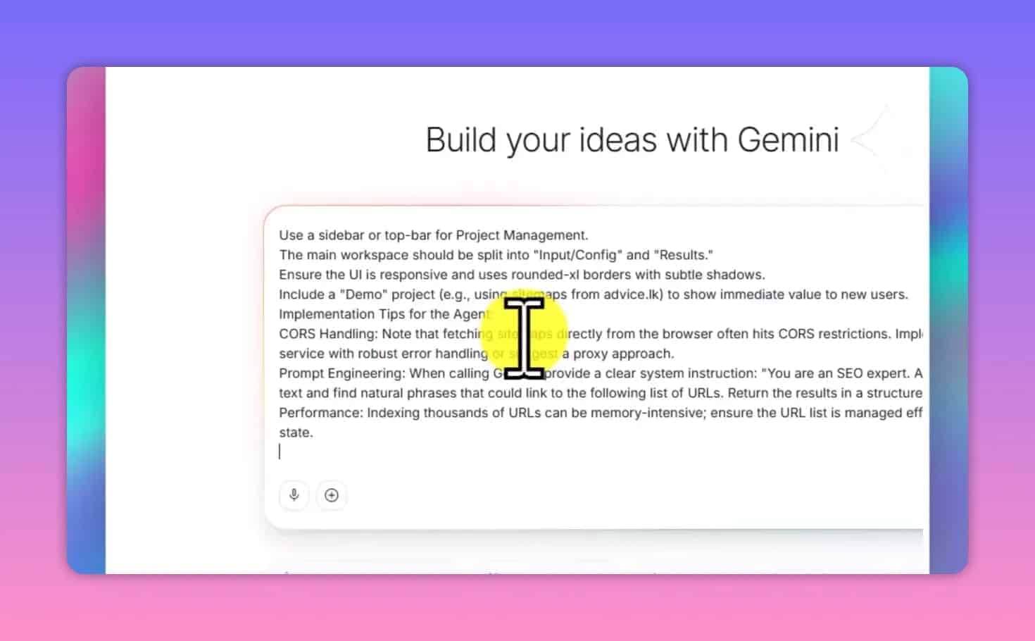 Google AI Studio showing the build prompt for the AI SEO internal linking tool