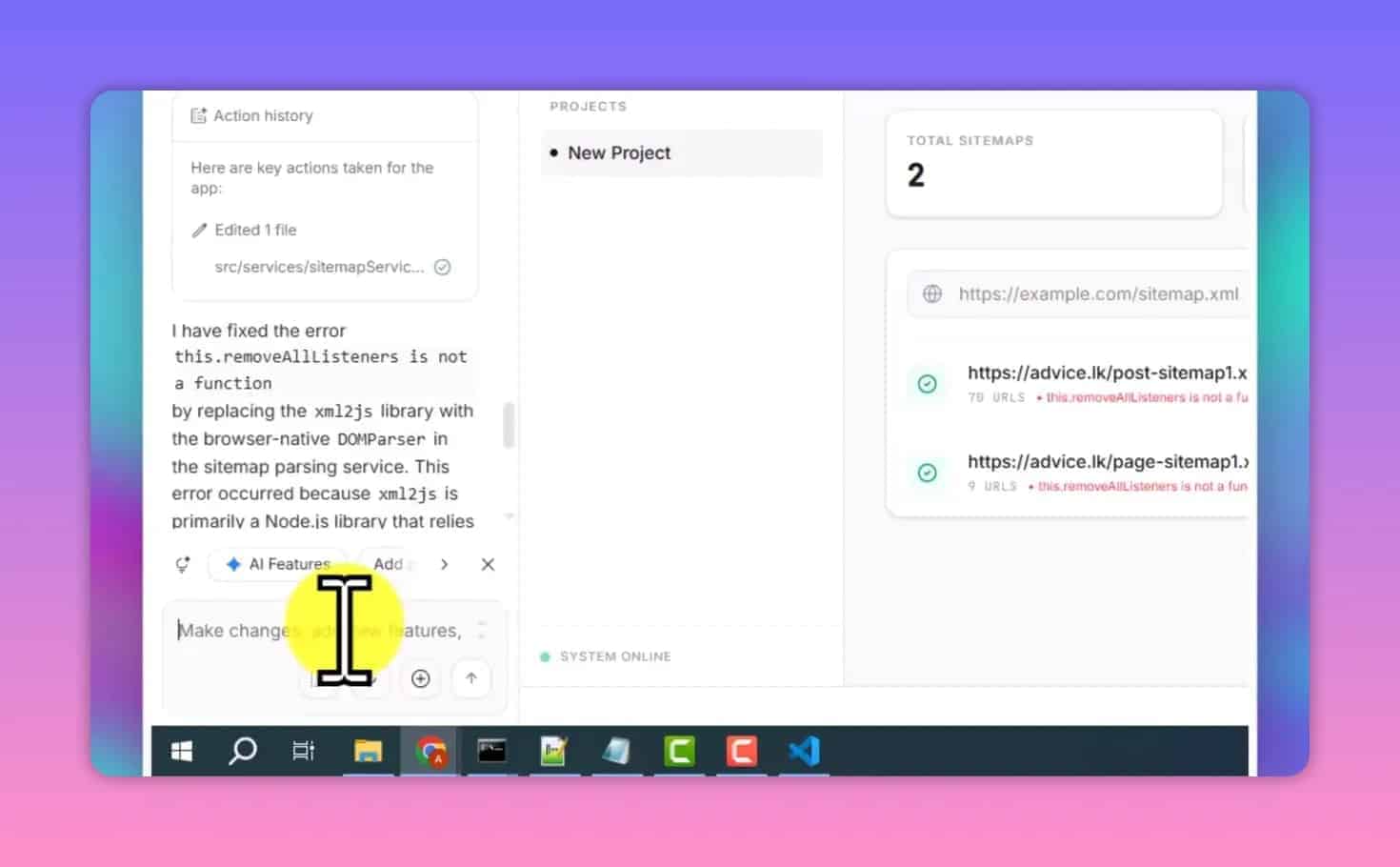 Google AI Studio action history showing the error fix for sitemap parsing