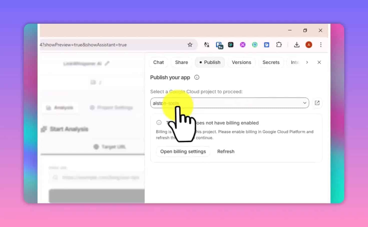 Google AI Studio publish screen showing the billing warning for hosted apps