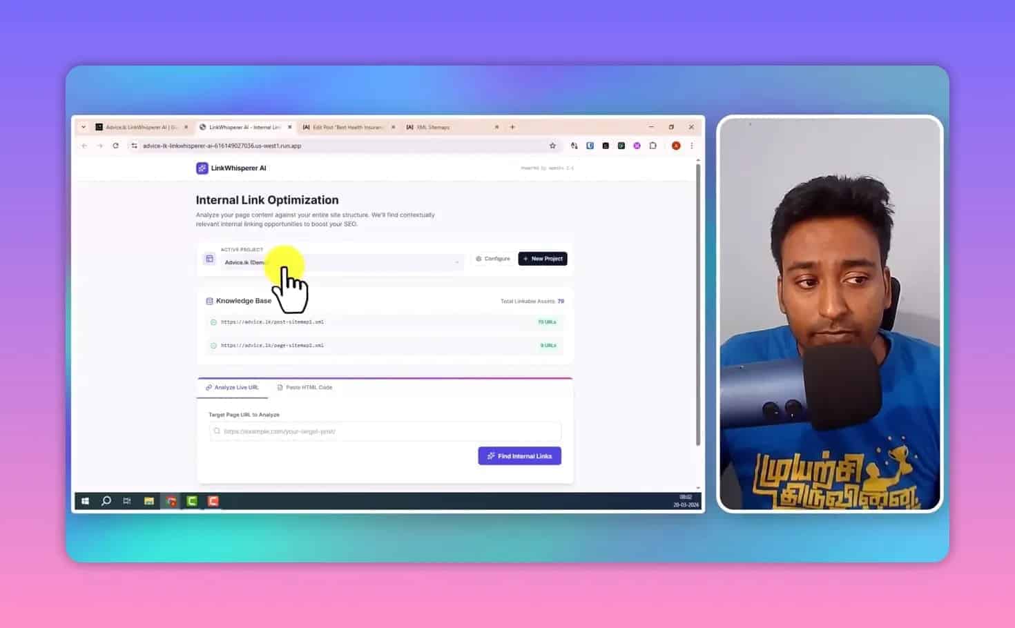 LinkWhisperer AI knowledge base showing indexed URLs and internal link opportunities
