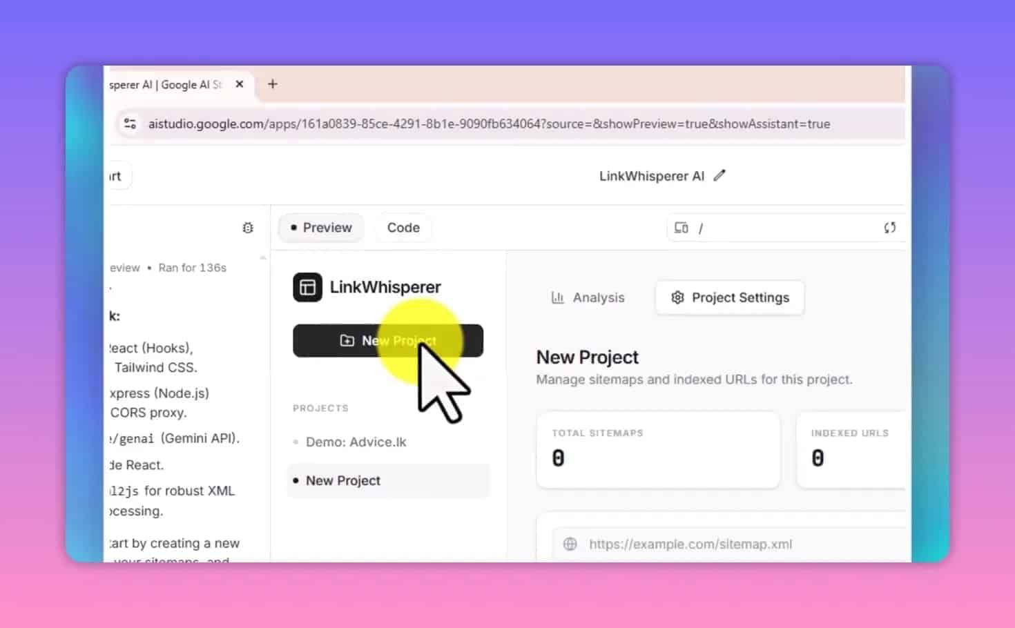 LinkWhisperer AI new project screen with sitemap URLs and knowledge base indexing