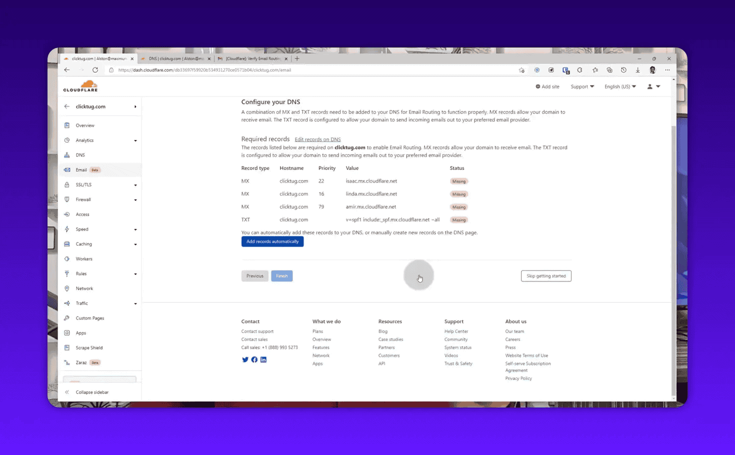 Cloudflare DNS configuration screen showing MX and TXT record requirements for email routing setup