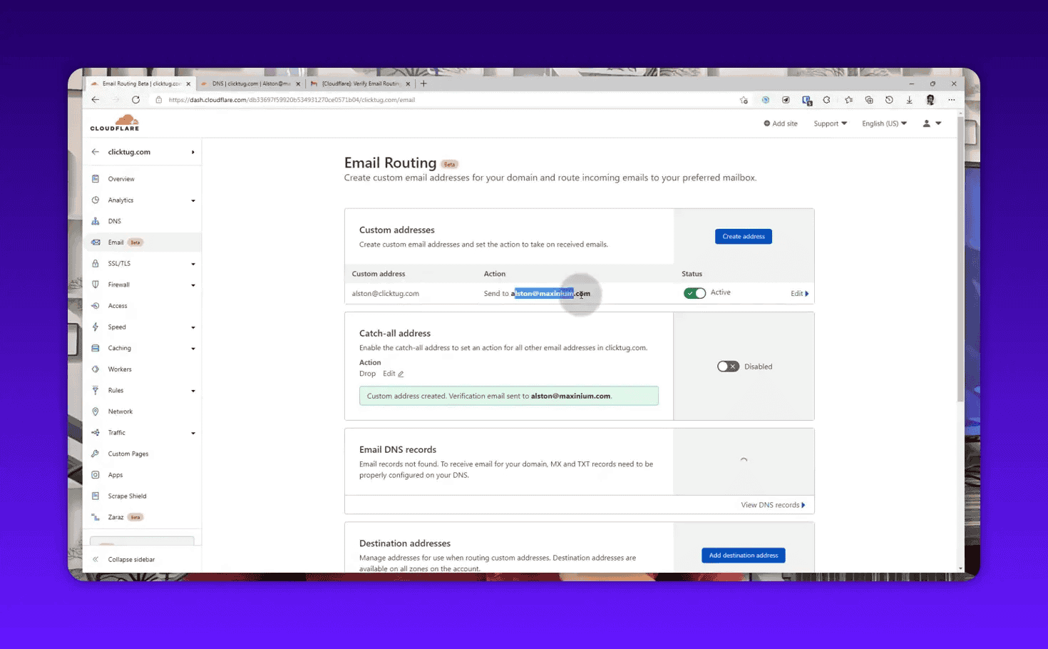 Cloudflare Email Routing management dashboard showing destinations, DNS status, and all active forwarders