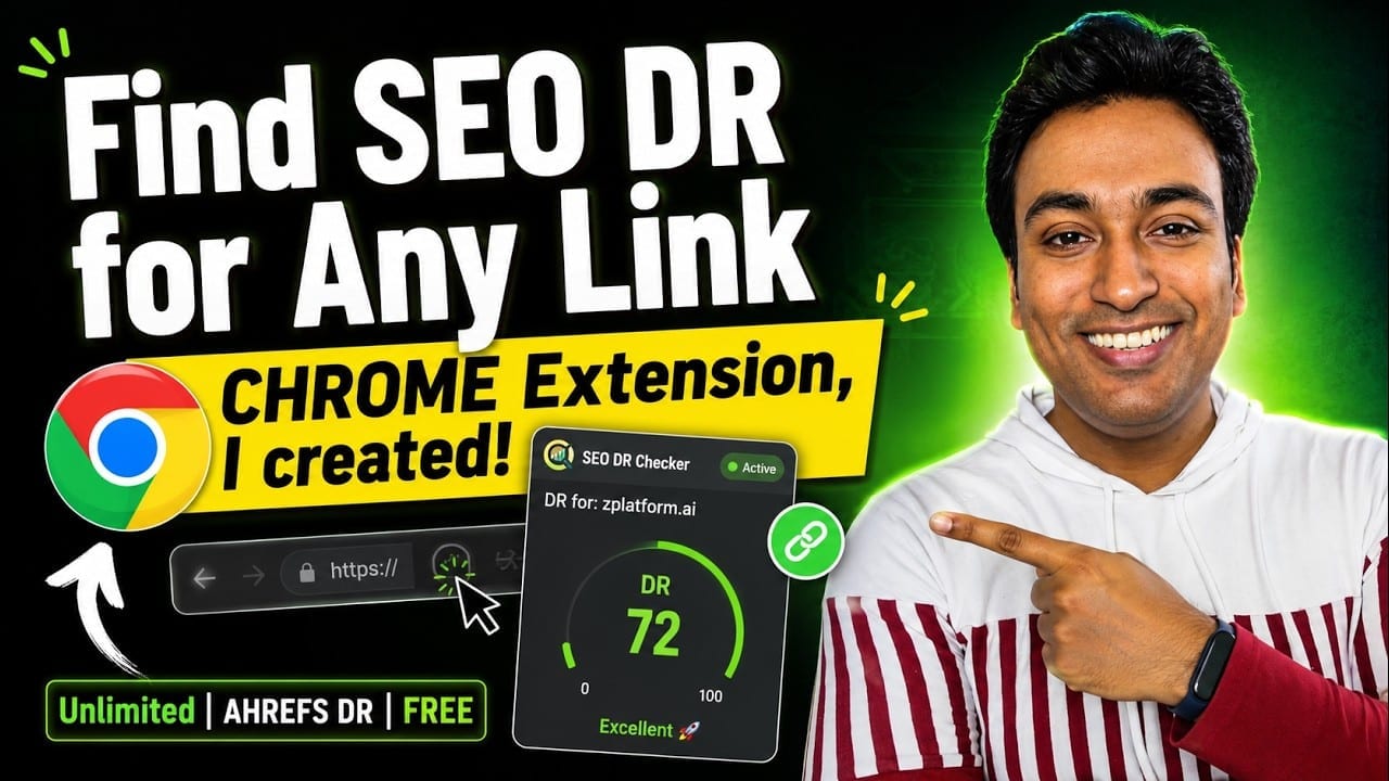 Video thumbnail reading Find SEO DR for Any Link, with the Chrome logo and a mock extension popup scoring a domain out of 100