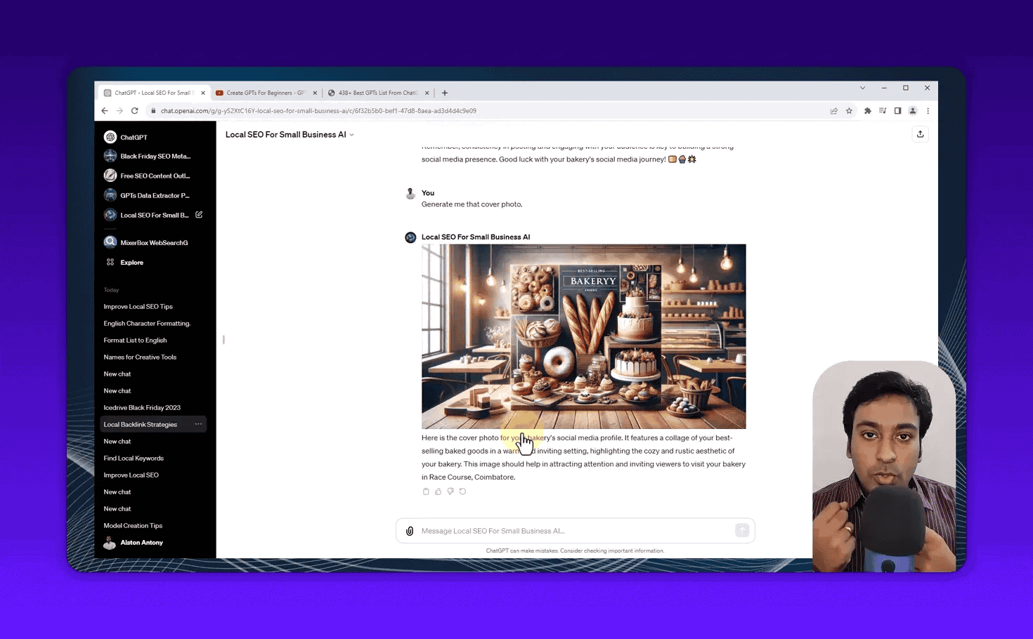 Social media profile setup guide and sample content framework generated for the Coimbatore bakery