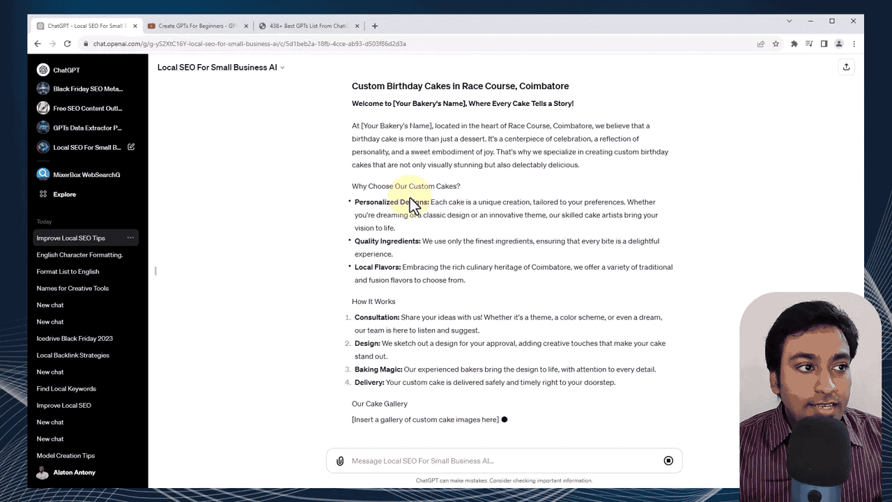 Sample content generated by the GPT for a custom birthday cakes page in Racecourse Coimbatore with title, intro, and structure
