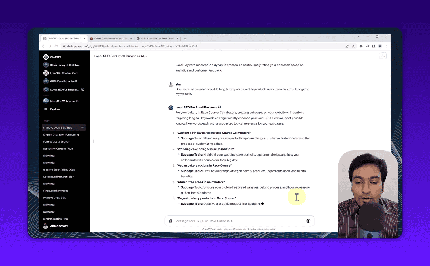 GPT showing long-tail keyword subpage ideas for a Coimbatore bakery including birthday cakes, wedding cakes, and vegan options