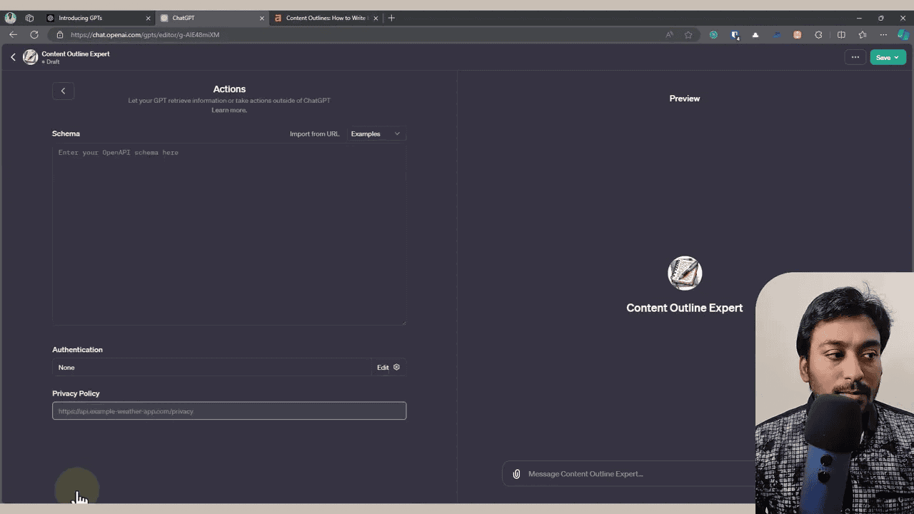 GPT Builder actions panel showing the file upload section and capabilities toggles