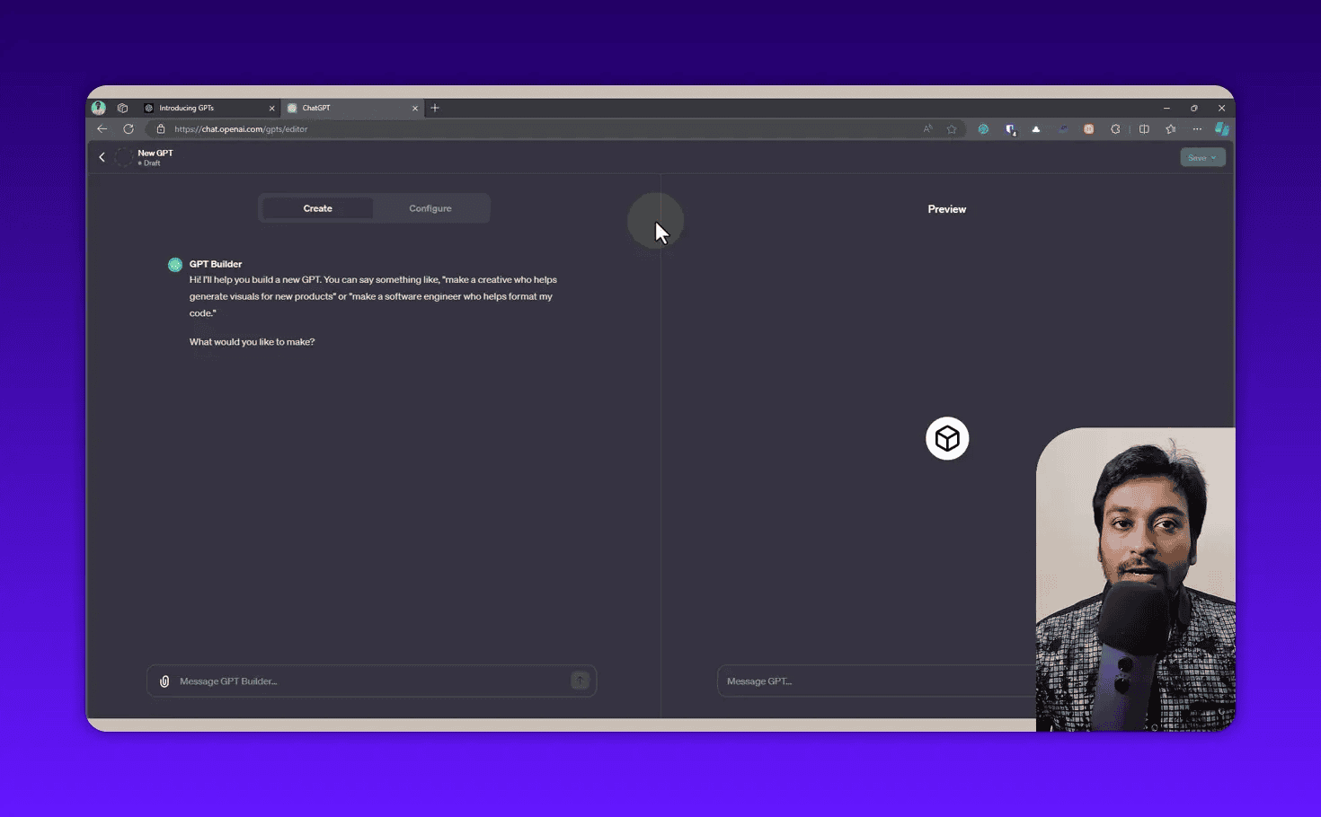 GPT Builder chat interface showing an initial description prompt and the builder's response