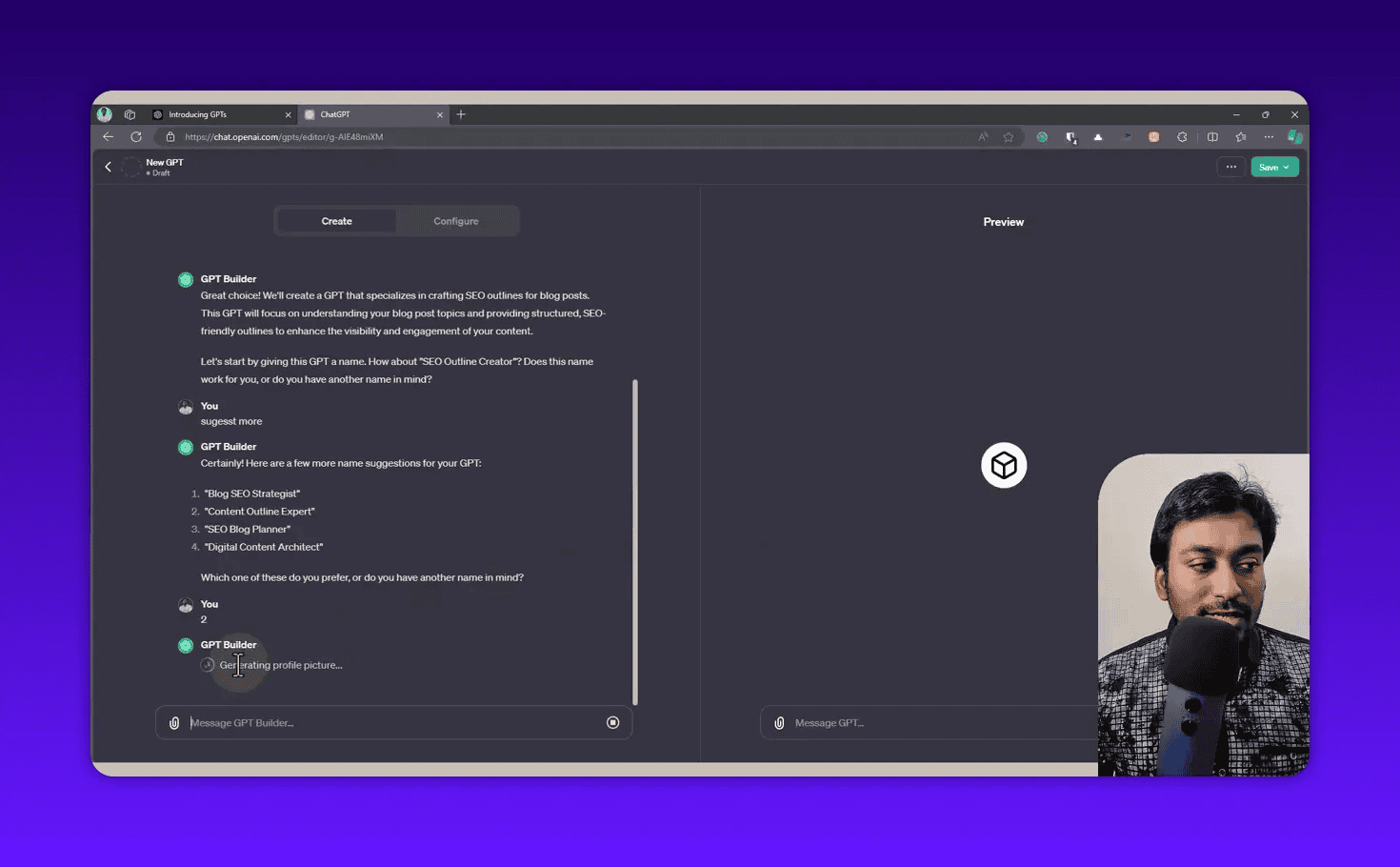 GPT Builder generating a profile picture and displaying the naming stage