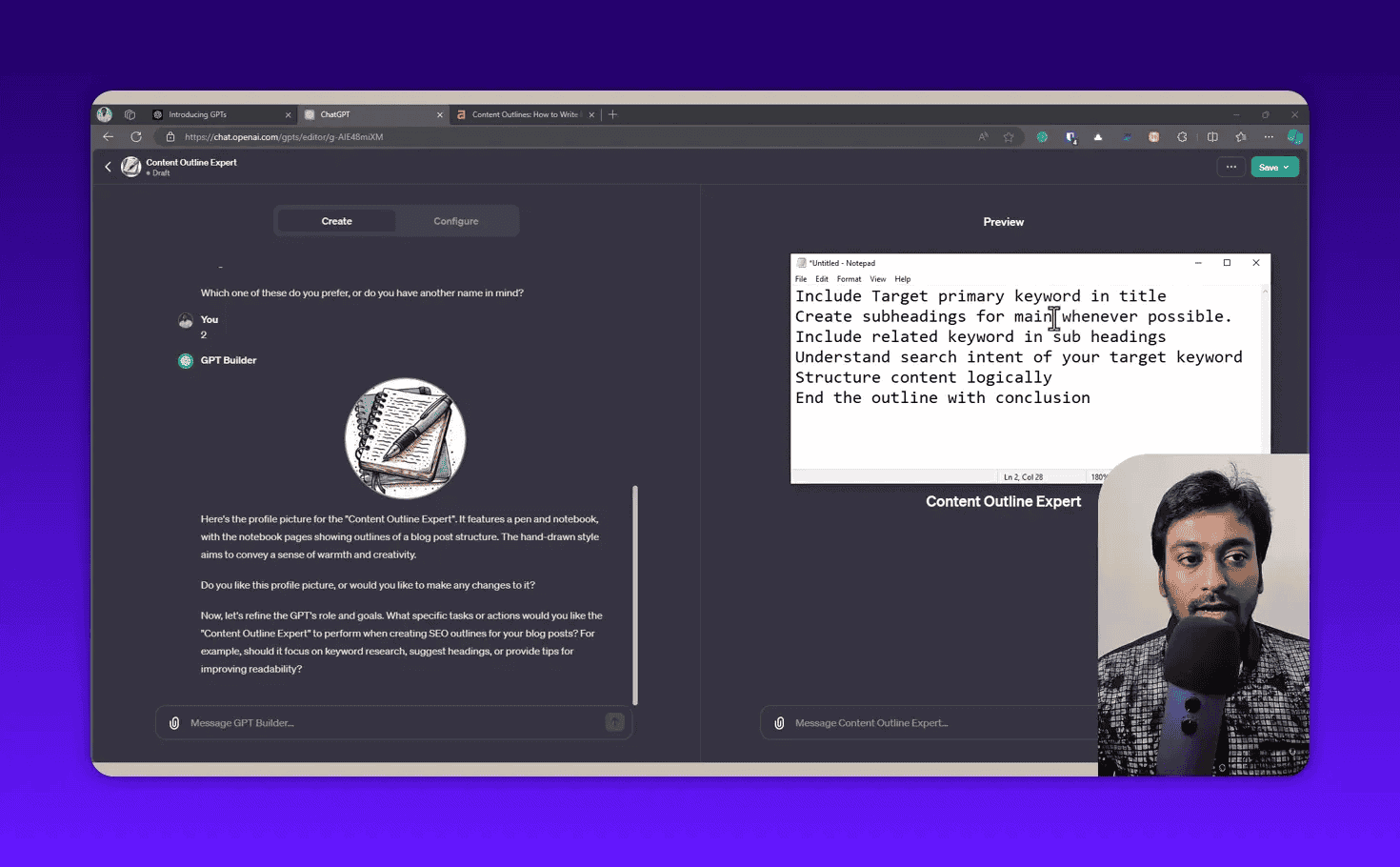 GPT Builder instructions field showing keyword and subheading rules for the SEO outline GPT