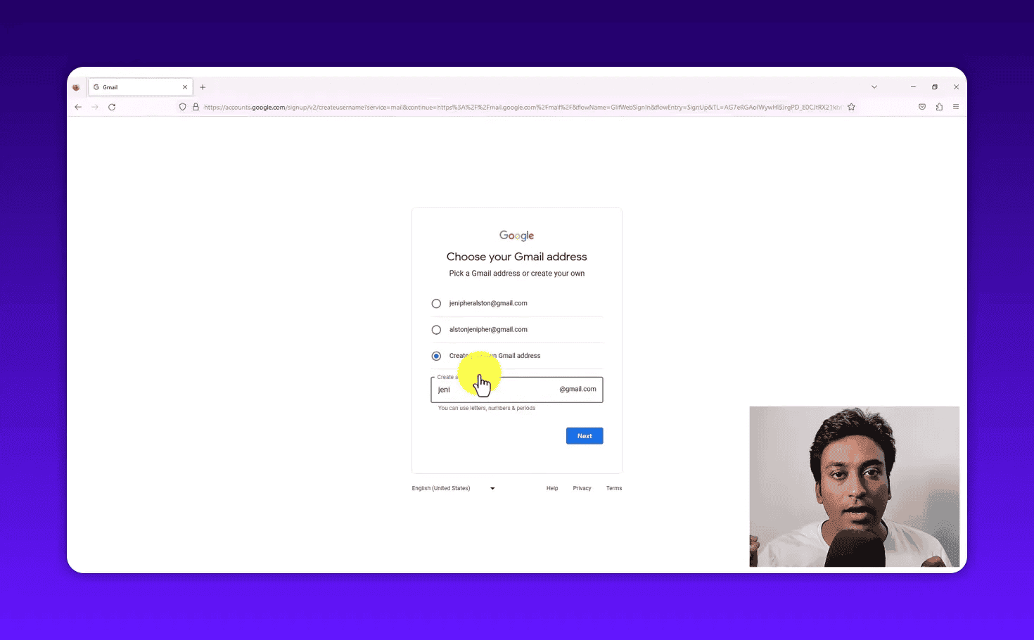 Creating a custom Gmail address with availability check