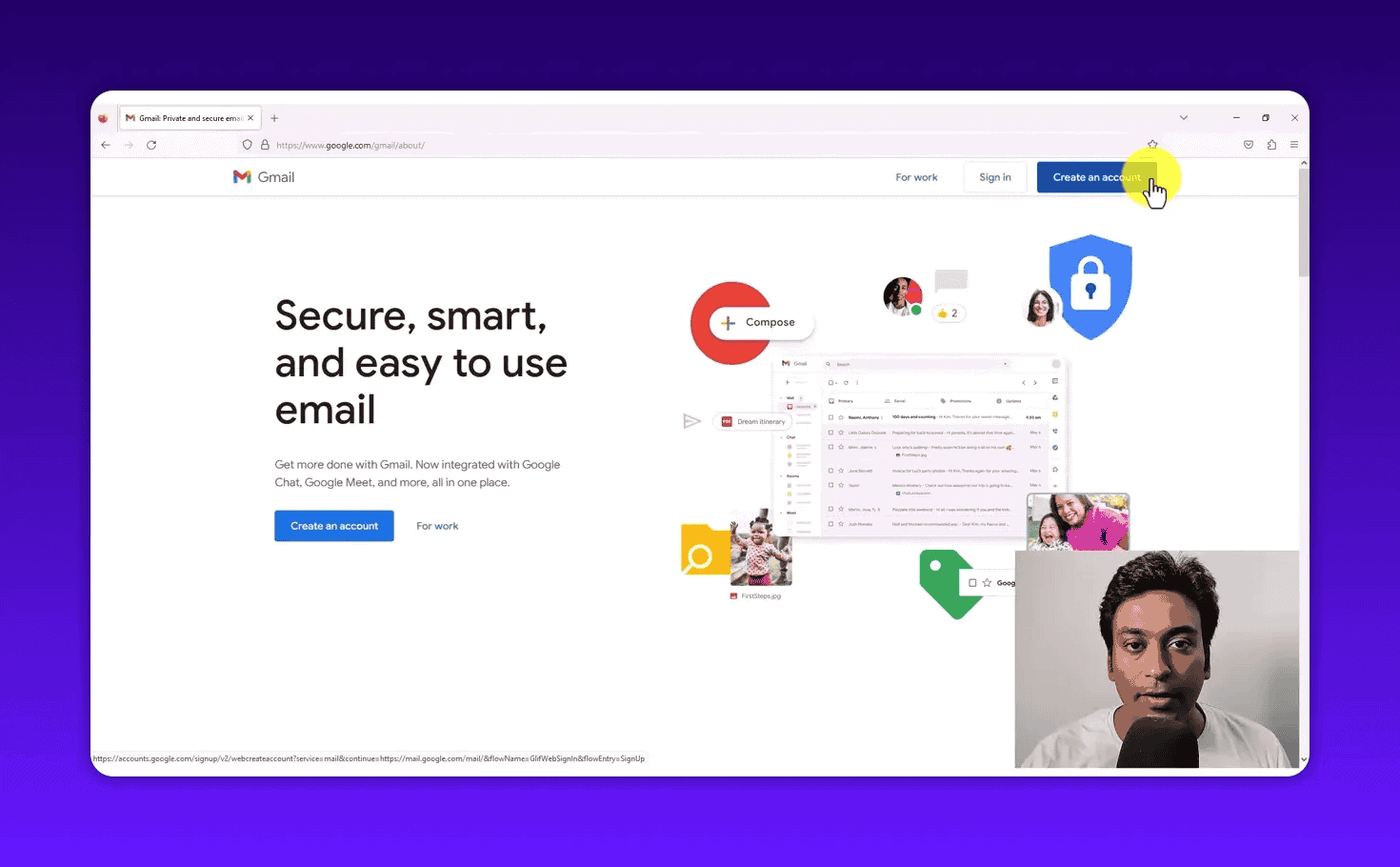 Gmail homepage with Create Account button highlighted