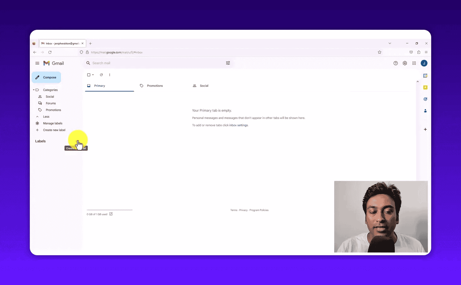 New Gmail inbox showing compose button and create label option in sidebar