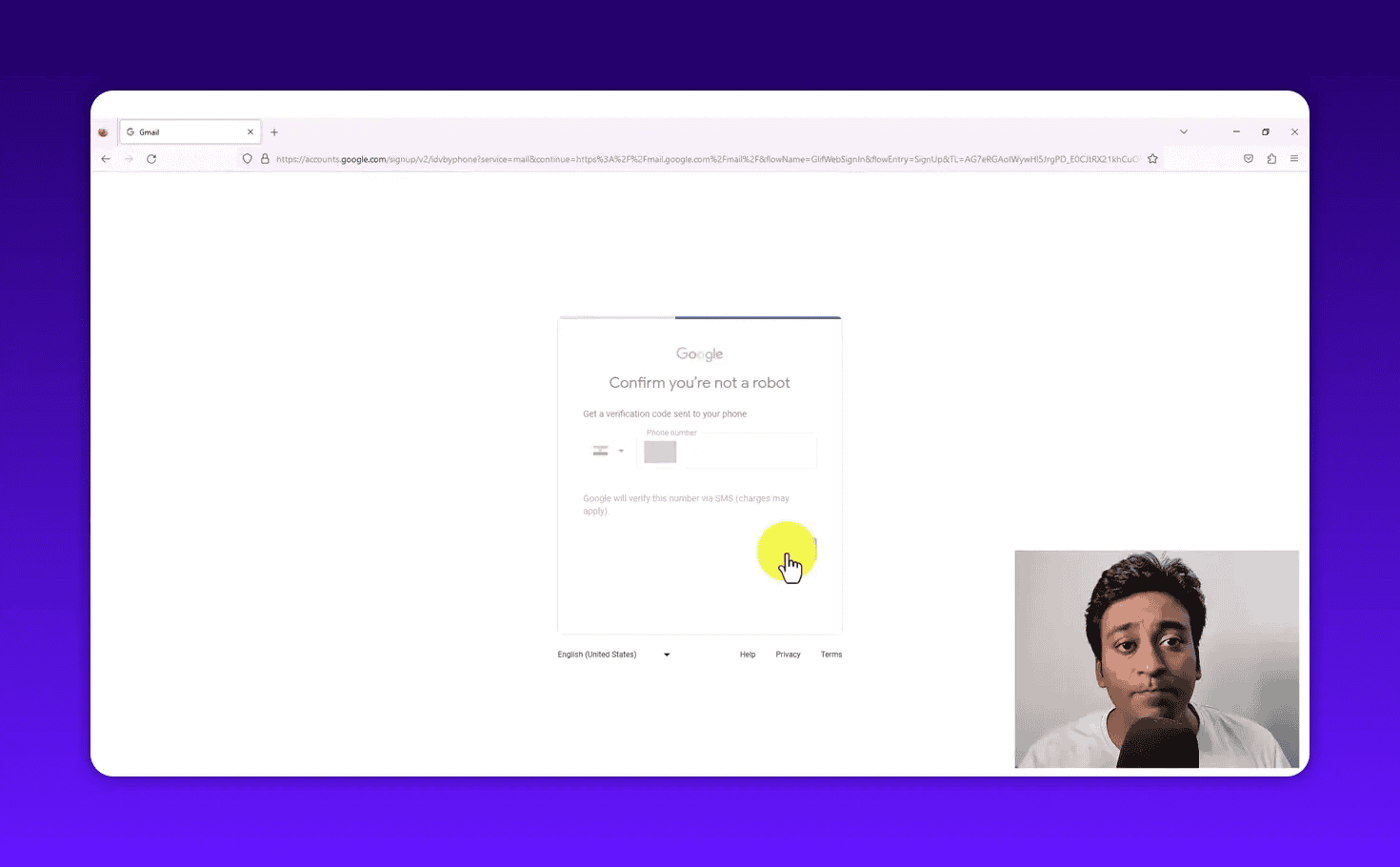 Gmail phone verification screen with country flag and number field