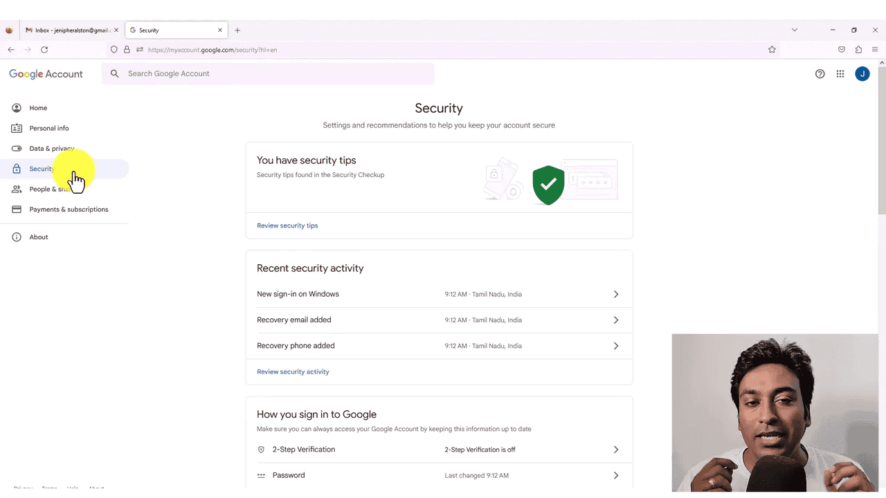 Google account security tab showing recent activity and sign-in options