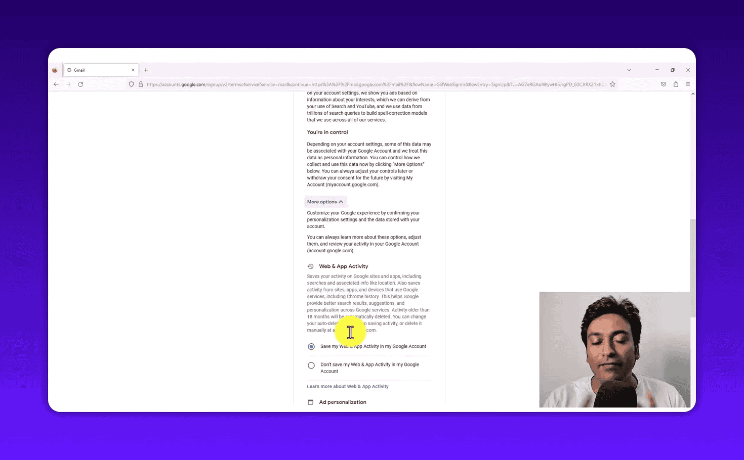 Google privacy and data options screen during Gmail setup
