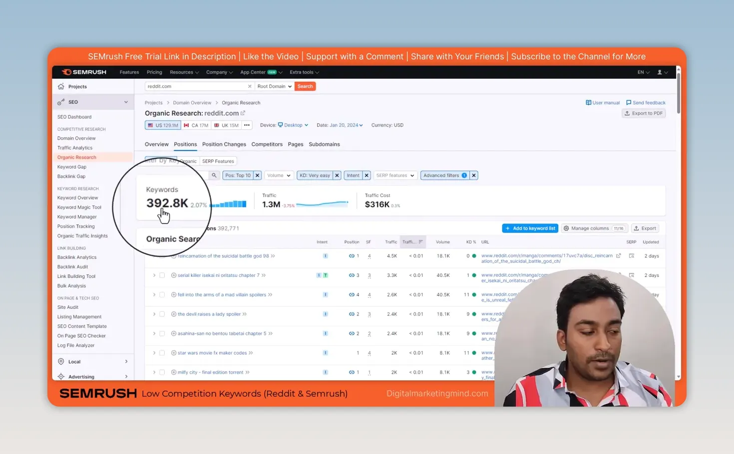 Semrush Positions for reddit.com filtered to top 10, very easy difficulty, informational intent and five-plus words, leaving 392.8K keywords