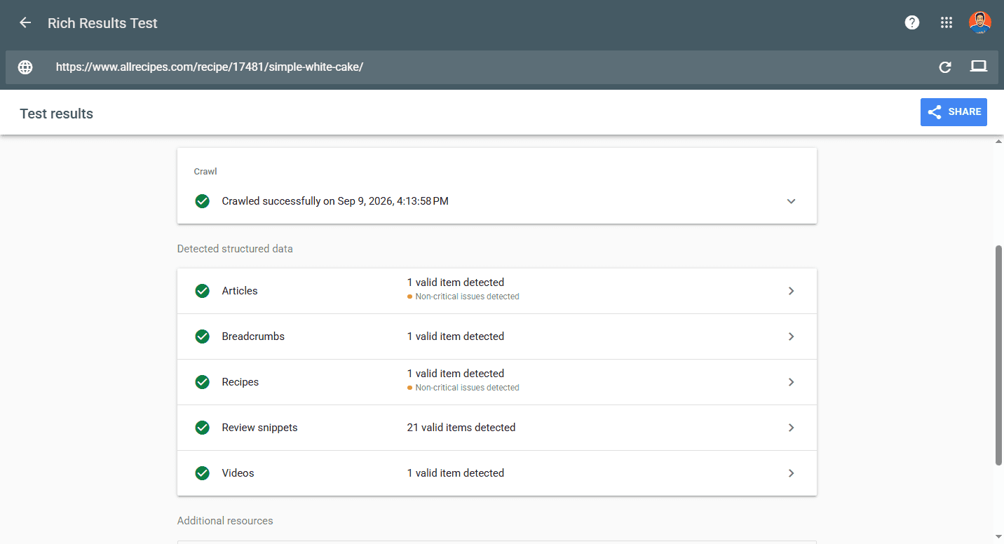 Google Rich Results Test panel for an Allrecipes recipe page, listing five valid detected types with green checks