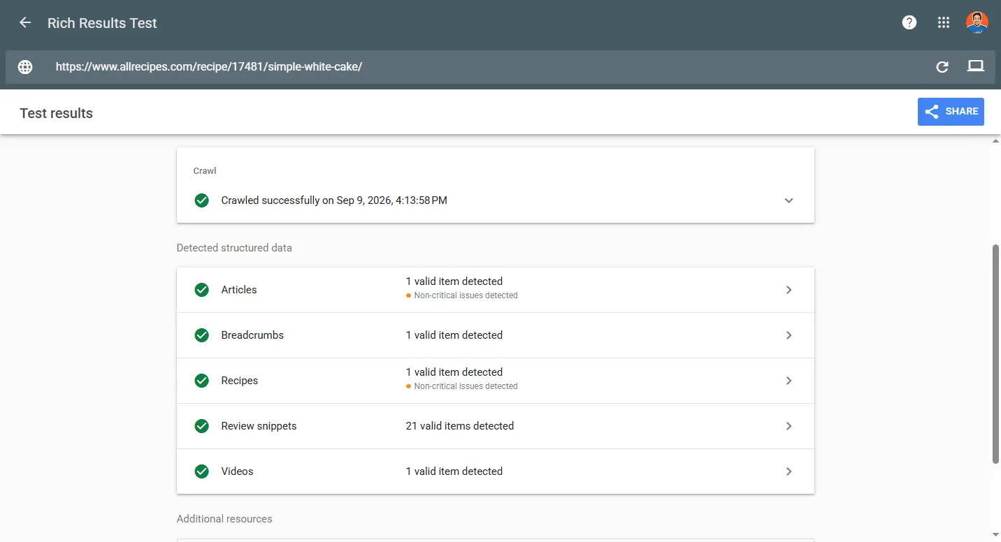 Google Rich Results Test showing five detected structured data types on an Allrecipes recipe page: Articles, Breadcrumbs, Recipes, Review snippets with 21 valid items, and Videos
