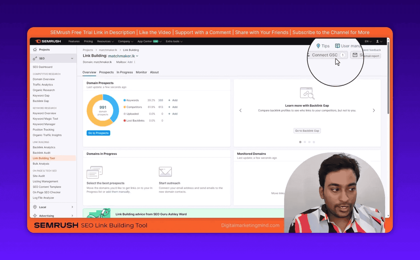 Semrush Link Building Tool overview showing domain prospects and outreach panels