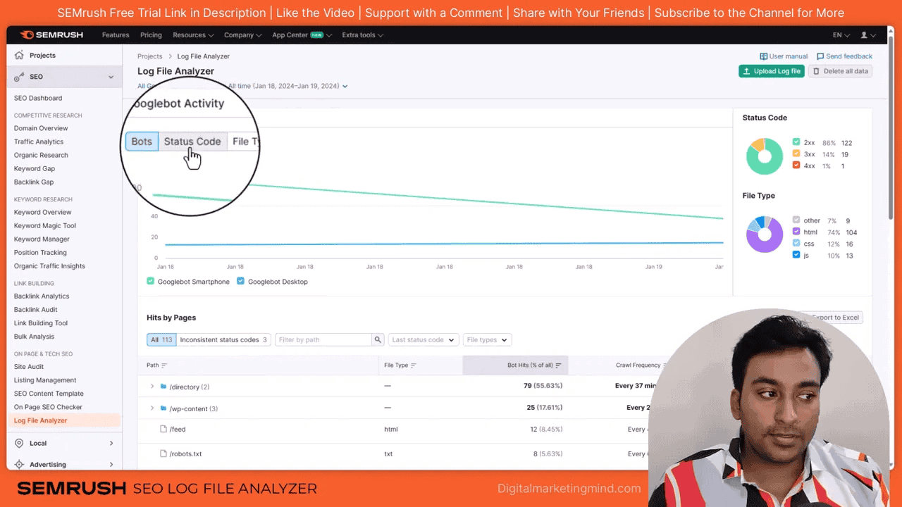 Semrush Log File Analyzer dashboard showing Googlebot activity chart and crawl data