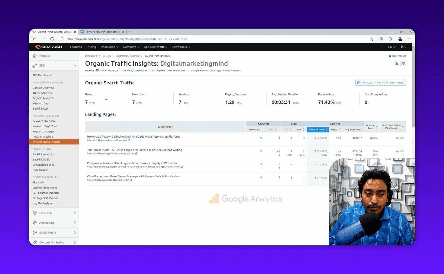 Semrush Organic Traffic Insights dashboard showing keyword counts per landing page
