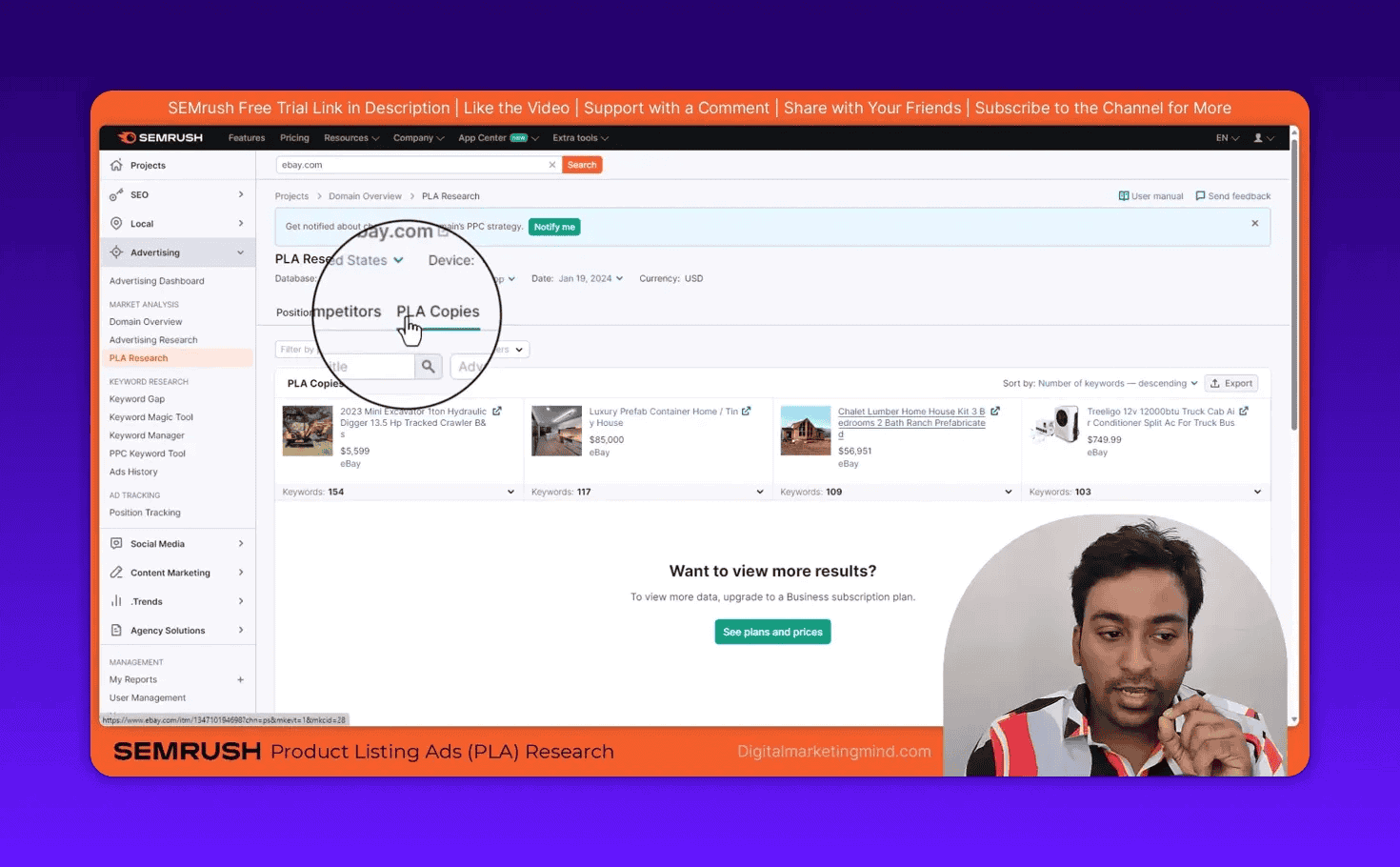Semrush PLA Research showing product ad previews and keyword counts