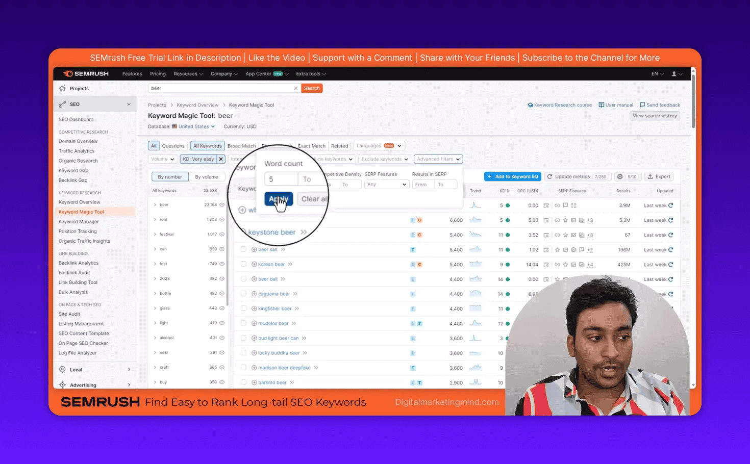 Semrush Keyword Magic Tool with word count and keyword difficulty filters applied