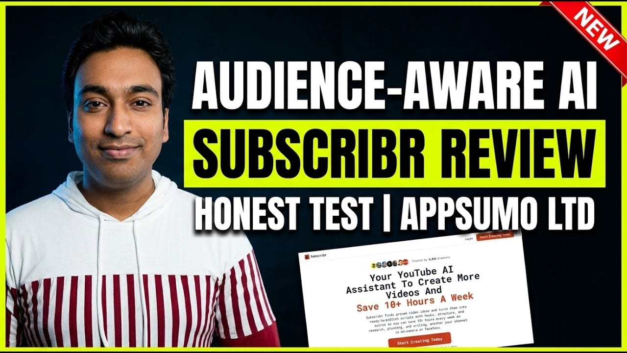 Subscribr review video thumbnail reading Audience-Aware AI, Subscribr Review, Honest Test, AppSumo LTD, beside the Subscribr homepage