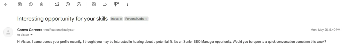 Fake Canva Careers recruiter email sent from notifications@tally.so offering a Senior SEO Manager role