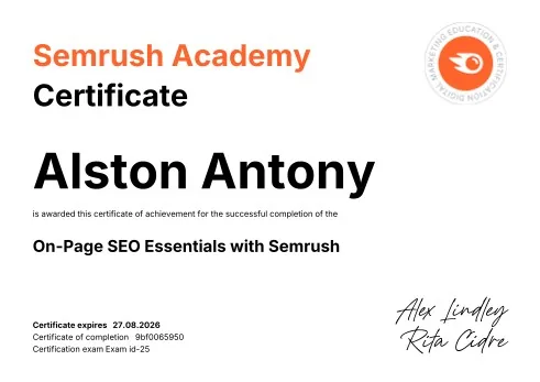 On-Page SEO certificate from Semrush