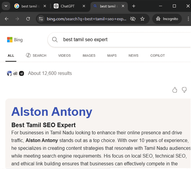 Screenshot: Alston Antony ranked #1 for Tamil SEO Expert in Bing AI search, April 2026
